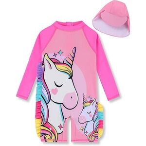 Girls Long Sleeve Rashguard One‎ Piece Swimsuit Unicorn Pink Ruffles Hat Size 4Y